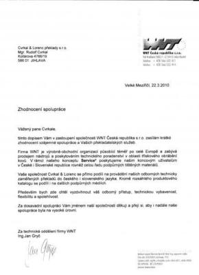 Referenční dopis od společnosti WNT Česká republika s.r.o.